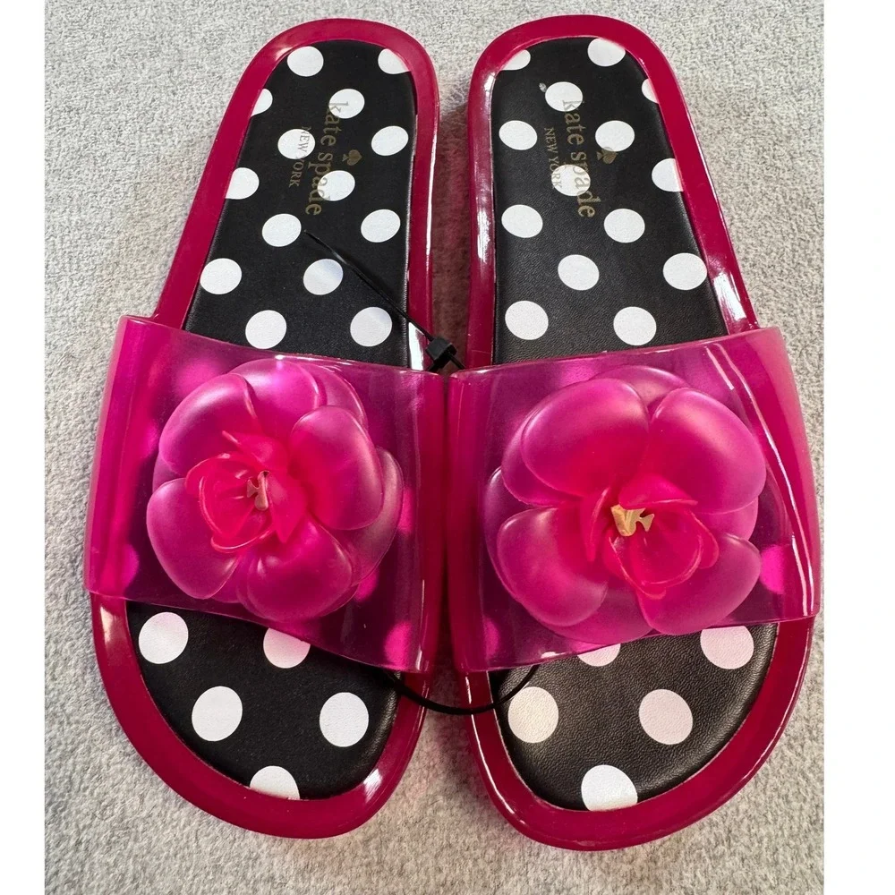 Kate‎ Spade Jelly Slide Sandals Womens 9 Pink Polka Dot Excellent Floral Flower